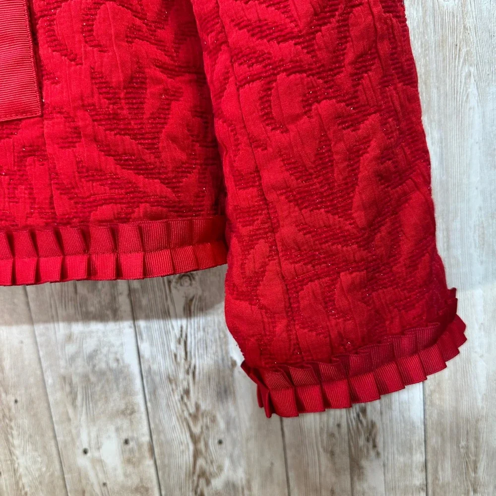 Coldwater Creek Women's Red Jacket Textured Sparkle‎ Leaf Jaquard Ruffle Trim L